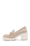 Women's Beige Suede Leather Heeled Loafer | Derimod