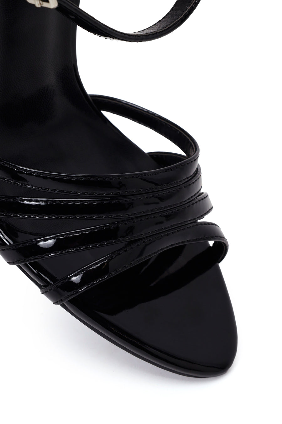 Woman Black Ankle-Buckle Thin High-Heel Patent Leather Sandal