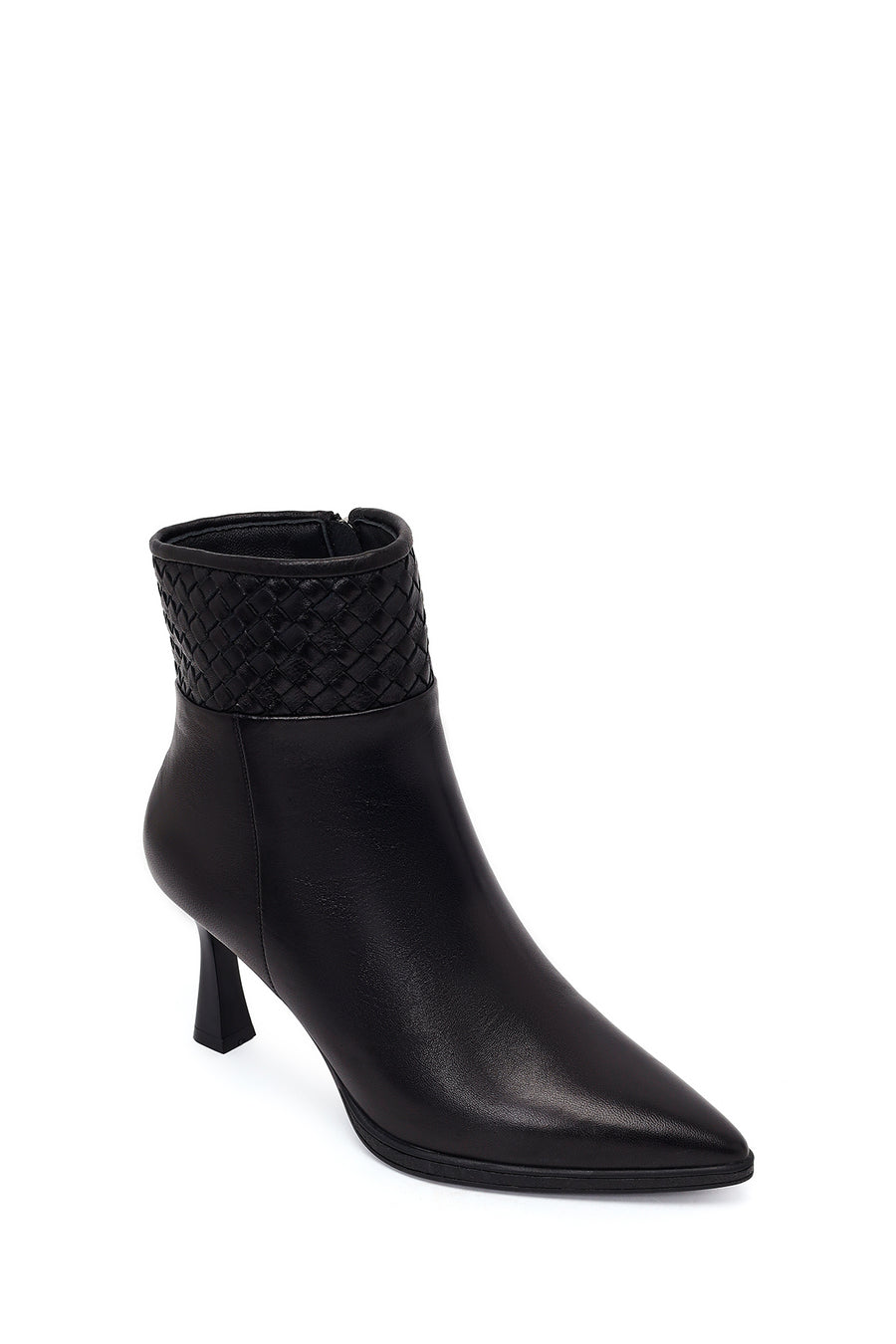 Woman Black Zip Closure Braided Thin-Heeled Leather Boots