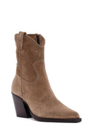 Women's Tan Zippered Suede Leather Cowboy Boots | Derimod