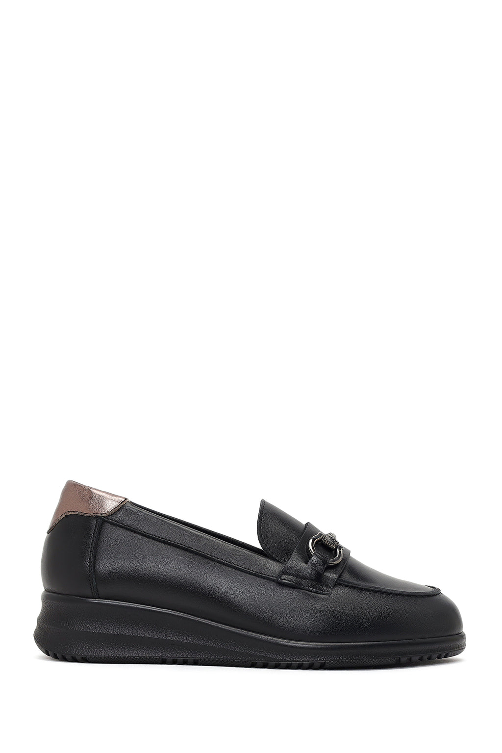 Kadın Siyah Tokalı Dolgu Topuklu Deri Comfort Loafer
