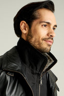 Eduardo Men's Black Double Collar Fur Leather Coat | Derimod