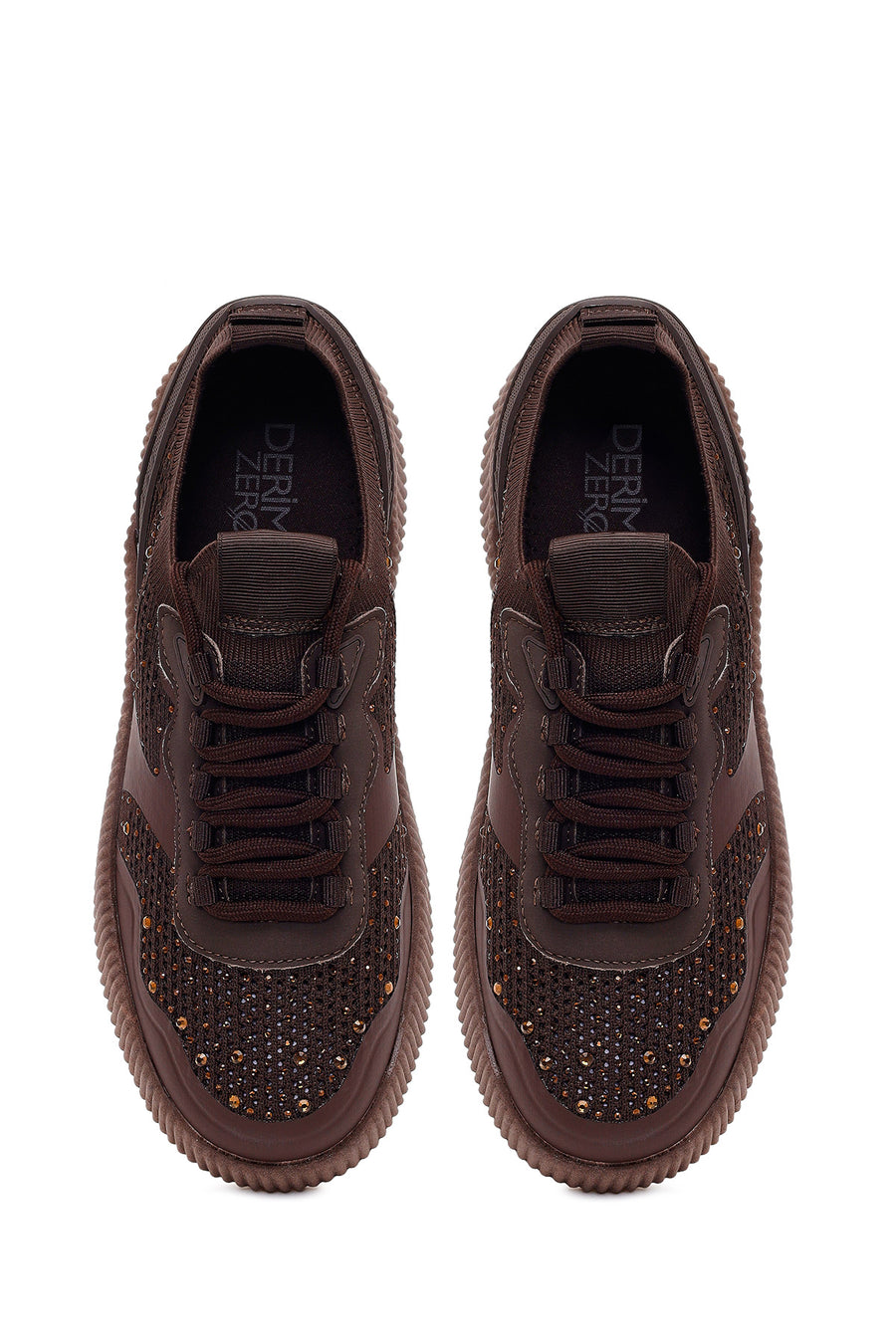 Derimod Zero Women's Brown Lace-up Thick Sole Rhinestone Fabric Sneaker