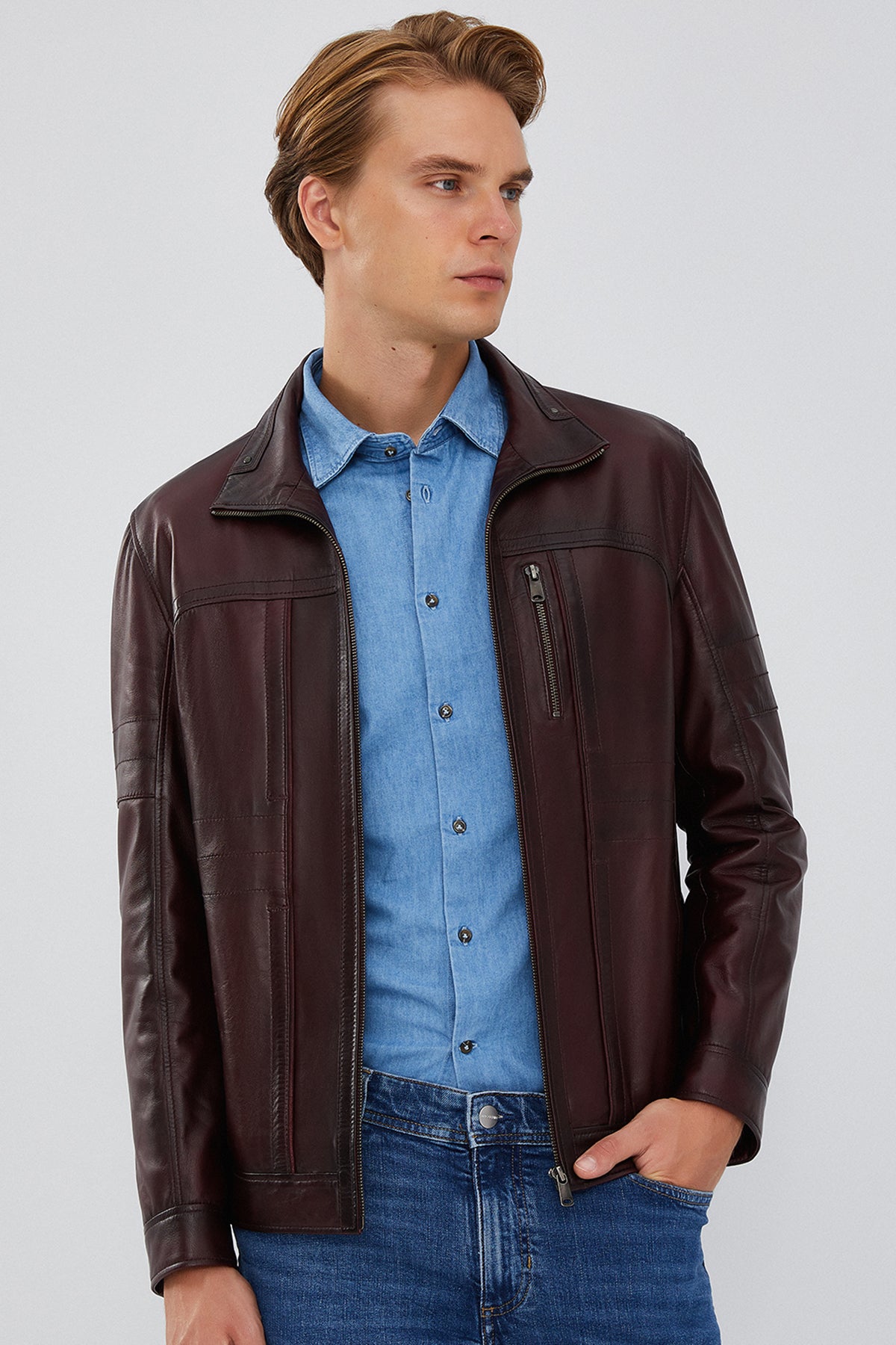 Bruno Men's Claret Red Leather Jacket 23WGE640147 | Derimod