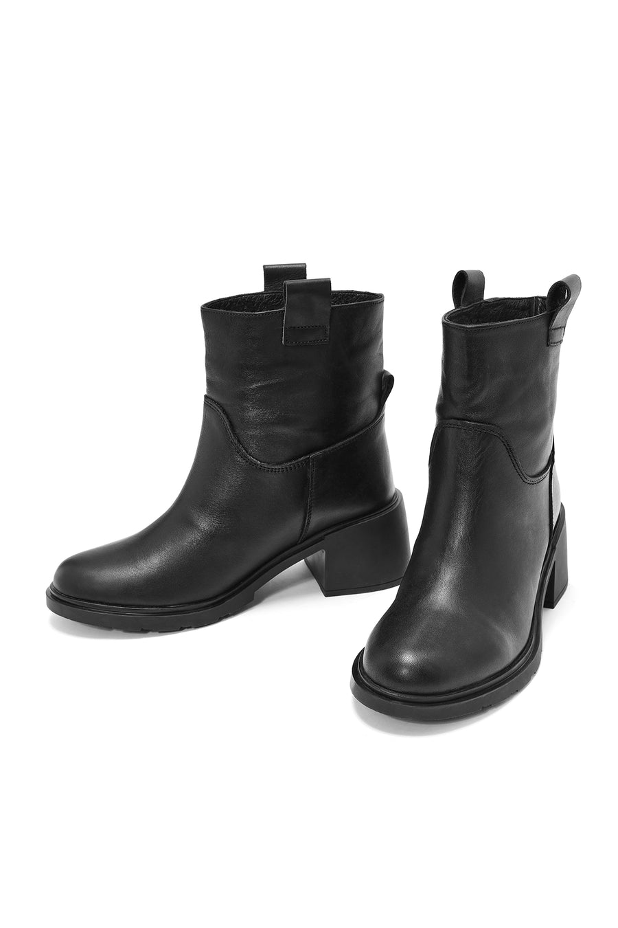 Women's Black Thick Heeled Leather Boots