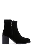 Women's Black Zippered Thick Heel Suede Leather Boots | Derimod