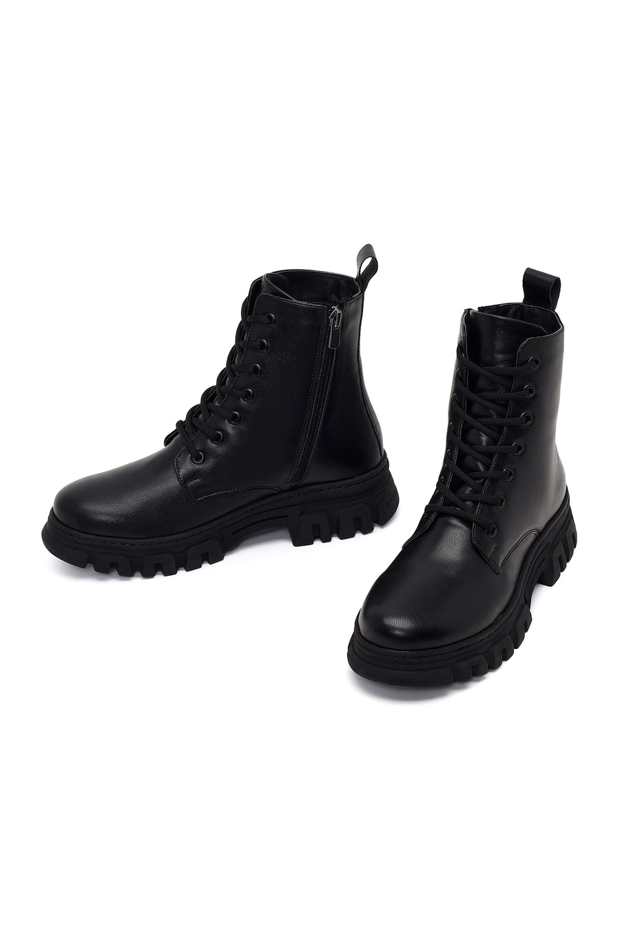 Woman Black Lace-up Zip Closure Thick-soled Combat Boots