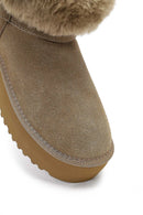 Women's Beige Thick-Soled Fur Detailed Suede Leather Teddy Boot | Derimod