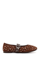 Woman Brown Strappy Studded Suede Leather Ballet Flat | Derimod