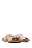 Woman Beige Shimmery Leather Slipper | Derimod