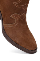 Woman Tan Suede Chunky Heel Leather Cowboy Boots | Derimod