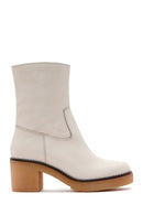 Women's Beige Leather Zippered Heeled Boots | Derimod