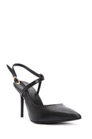 Women's Black Ankle Strap Thin Heeled Leather Shoes | Derimod