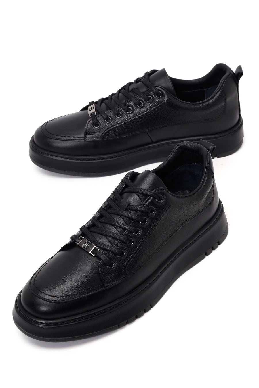 Erkek Siyah Bağcıklı Kalın Tabanlı Deri Sneaker