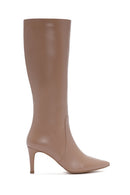 Women's Camel Zippered Thin Heeled Leather Boots | Derimod