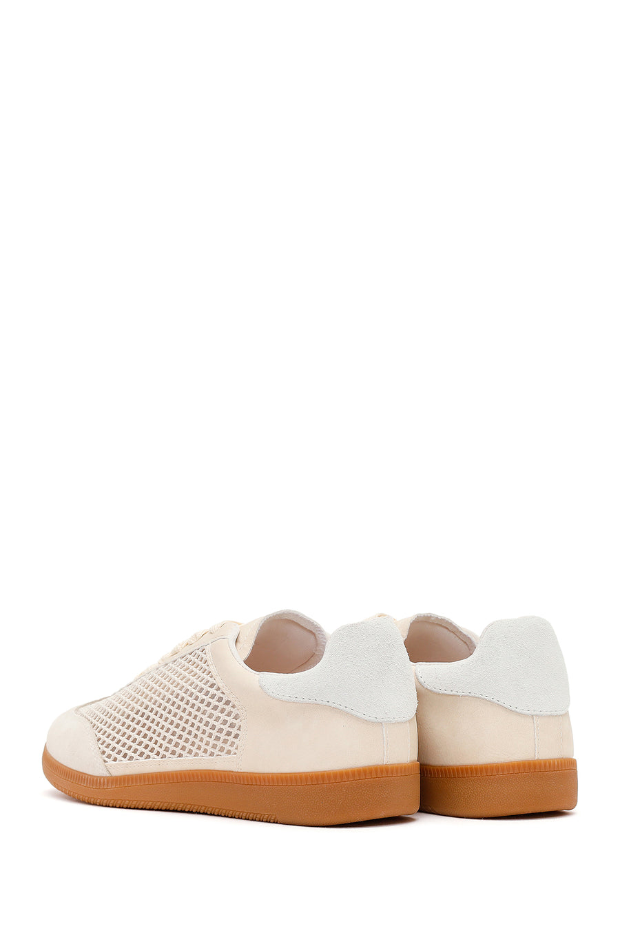 Women's Beige Lace-Up Mesh Suede Leather Sneaker