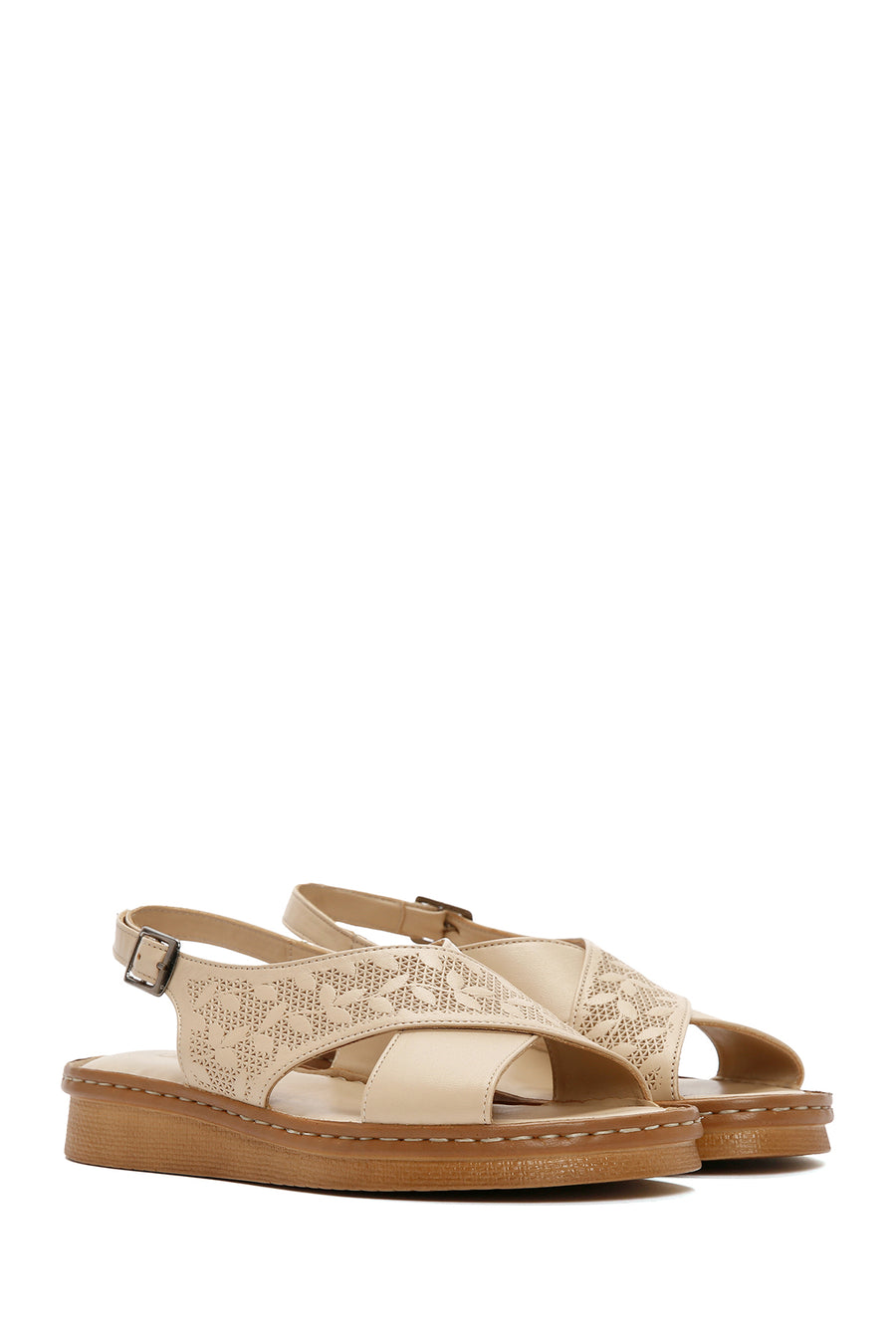 Women's Beige Ankle Strap Leather Sandals
