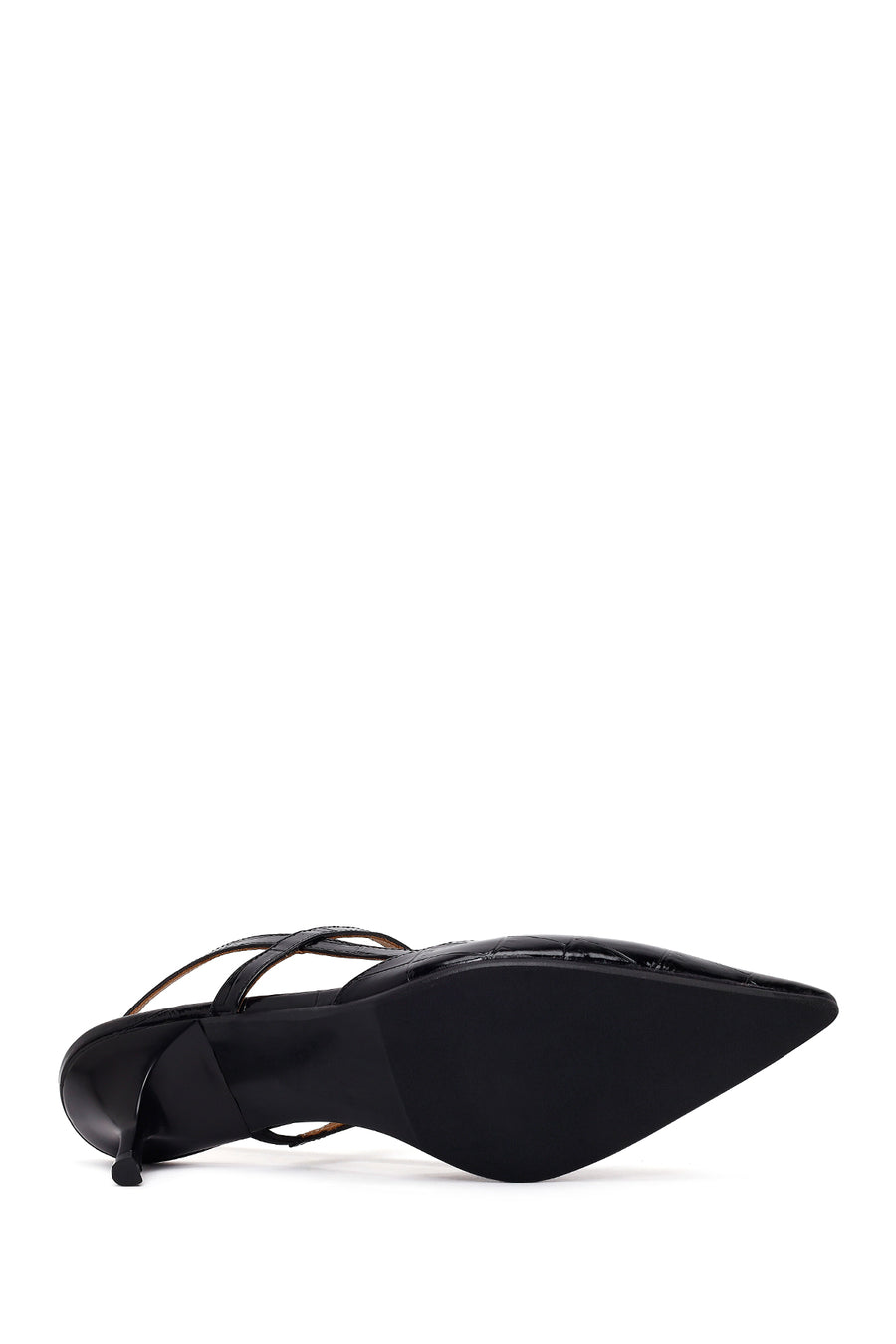 Woman Black Open-Back Thin-Heeled Croc-Embossed Leather Shoes