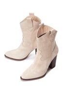 Women's Beige Suede Leather Cowboy Heeled Boots | Derimod