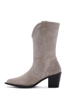 Women's Beige Thick Heeled Suede Leather Cowboy Boots | Derimod