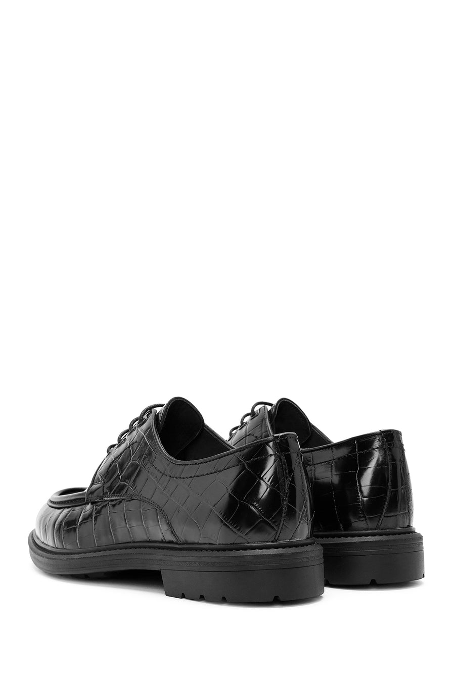 Men's Black Lace-Up Crocodile Patterned Leather Casual Shoes