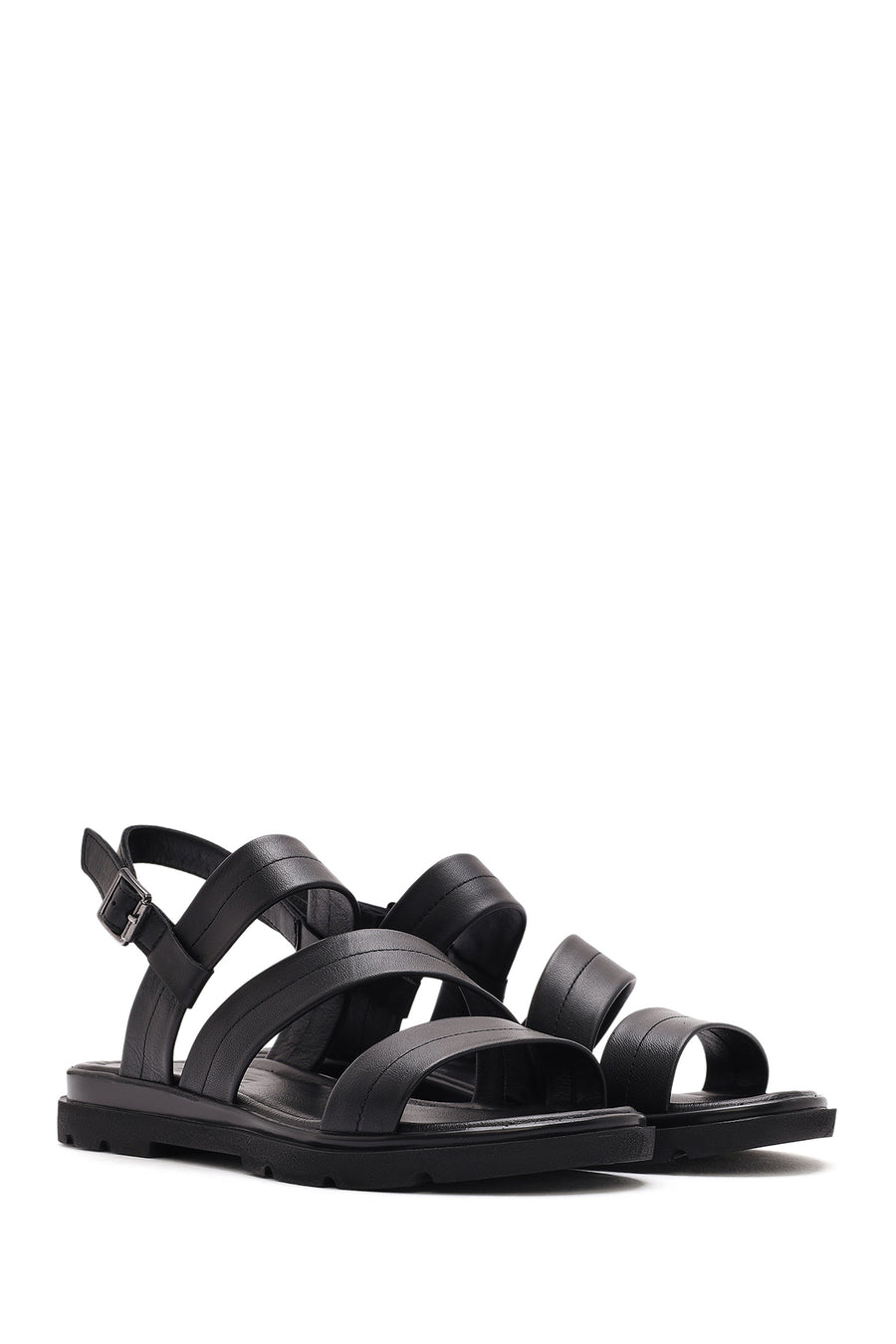 Women's Black Leather Ankle Buckle Sandals