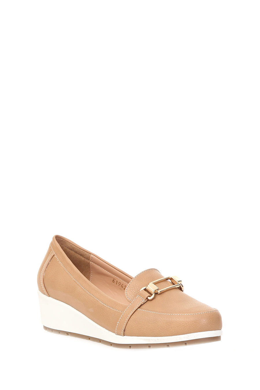 Brown Women's Leather Loafer with Wedge Heels
