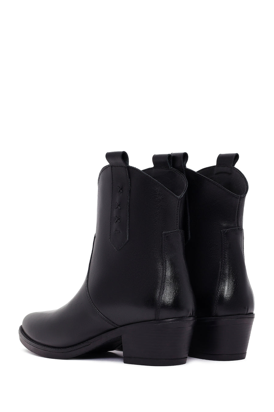 Women's Black Thick Heeled Leather Cowboy Boots