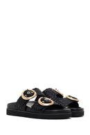 Women's Black Double Buckle Knitted Leather Slippers | Derimod