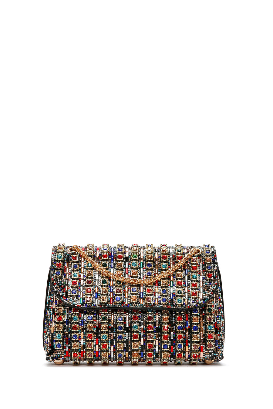 Woman Multicolored Long Chain Strap Rhinestone Evening Shoulder Bag