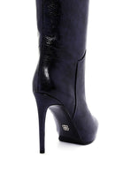 Women's Navy Blue Leather Thin Heeled Boots | Derimod