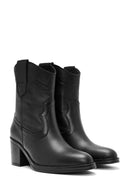 Women's Black Thick Heeled Leather Cowboy Boots | Derimod