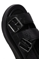 Woman Black Double-Buckle Thick-Soled Leather Comfort Slippers | Derimod