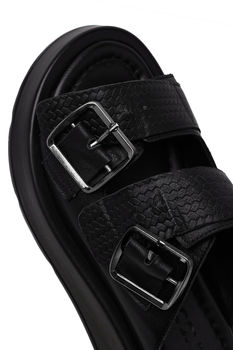 Woman Black Double-Buckle Thick-Soled Leather Comfort Slippers
