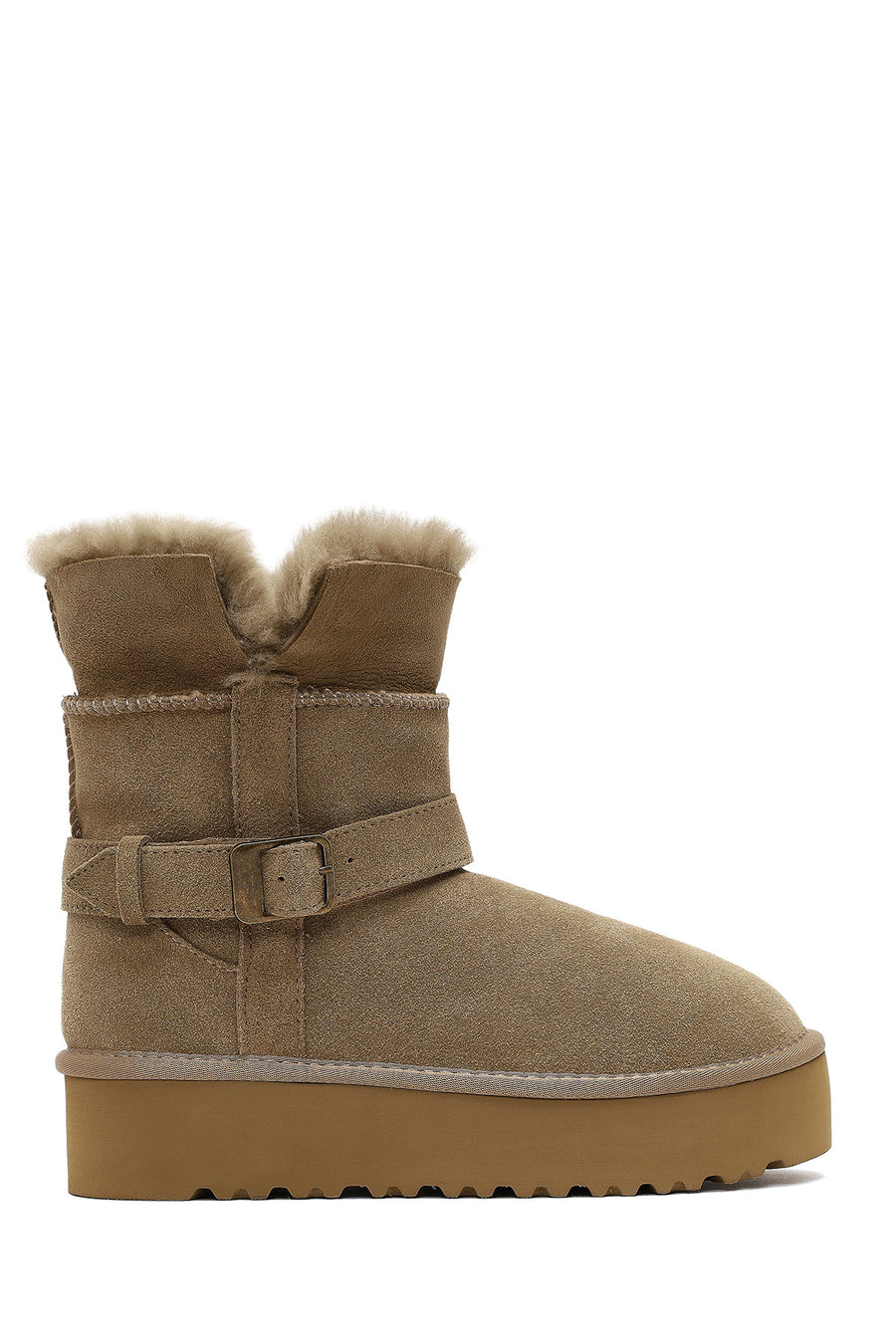 Women's Beige Thick-Soled Fur Detailed Suede Leather Teddy Boot