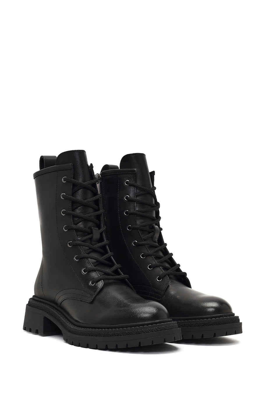 Women's Black Zippered Thick-Soled Leather Boot
