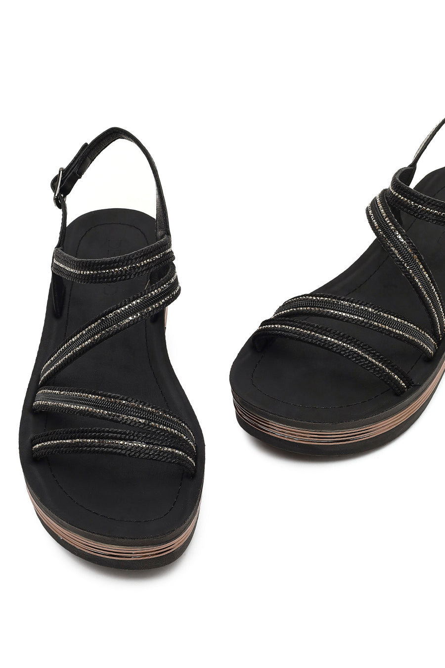 Women's Black Thick Soled Stoned Sandals