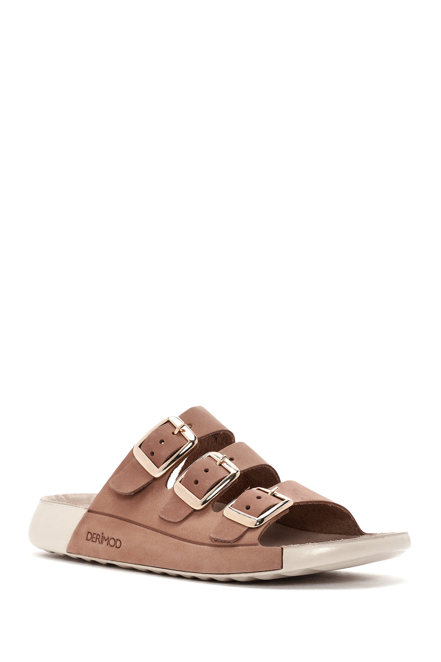 Women's Beige Buckled Nubuck Leather Comfort Slippers