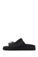 Women's Black Double Buckle Knitted Leather Slippers | Derimod