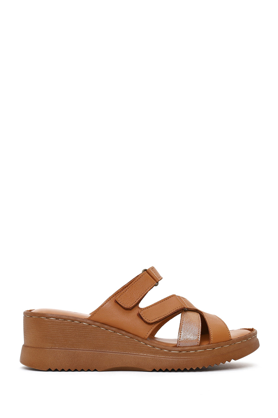 Woman Tan Wedge Heel Leather Comfort Slipper 26SFD322118 | Derimod