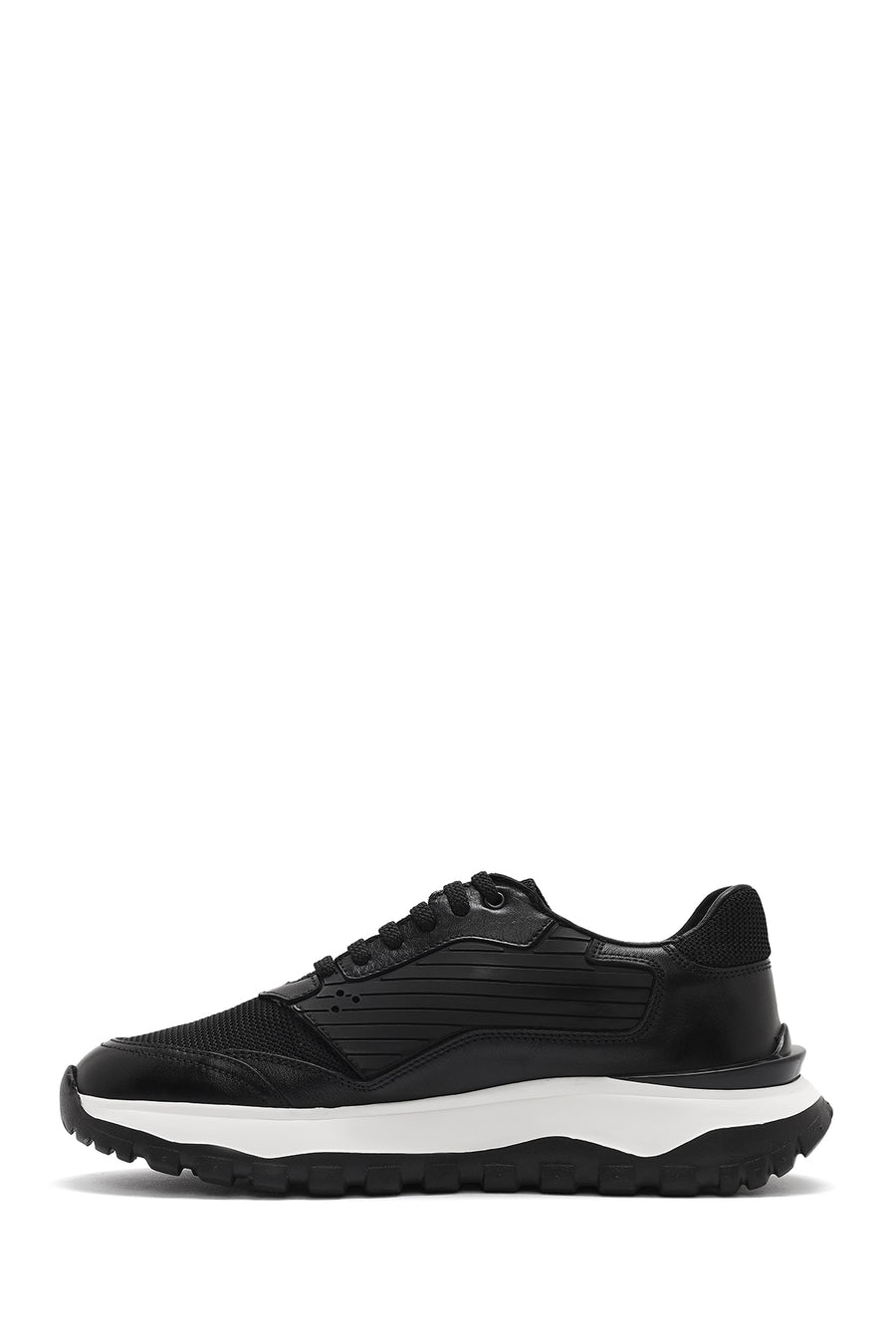 Erkek Siyah Bağcıklı Kalın Tabanlı Deri Sneaker