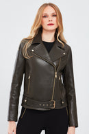 Melody Women's Green Biker Leather Jacket | Derimod