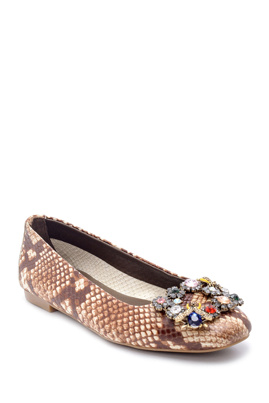 Women's Leather Snakeskin Patterned Stone Ballerinas