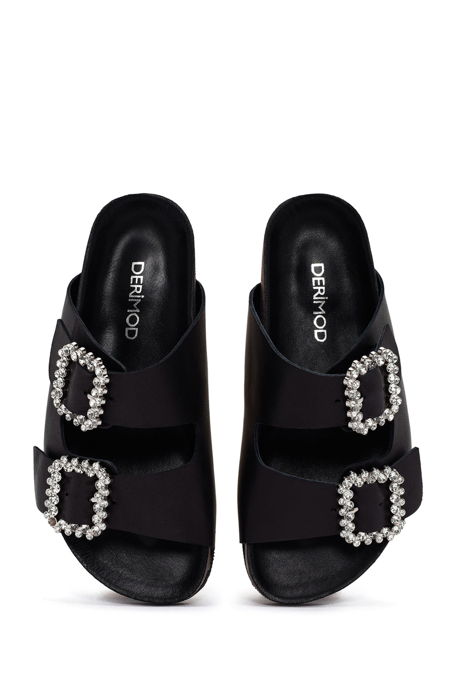 Women's Black Stoned Leather Slippers
