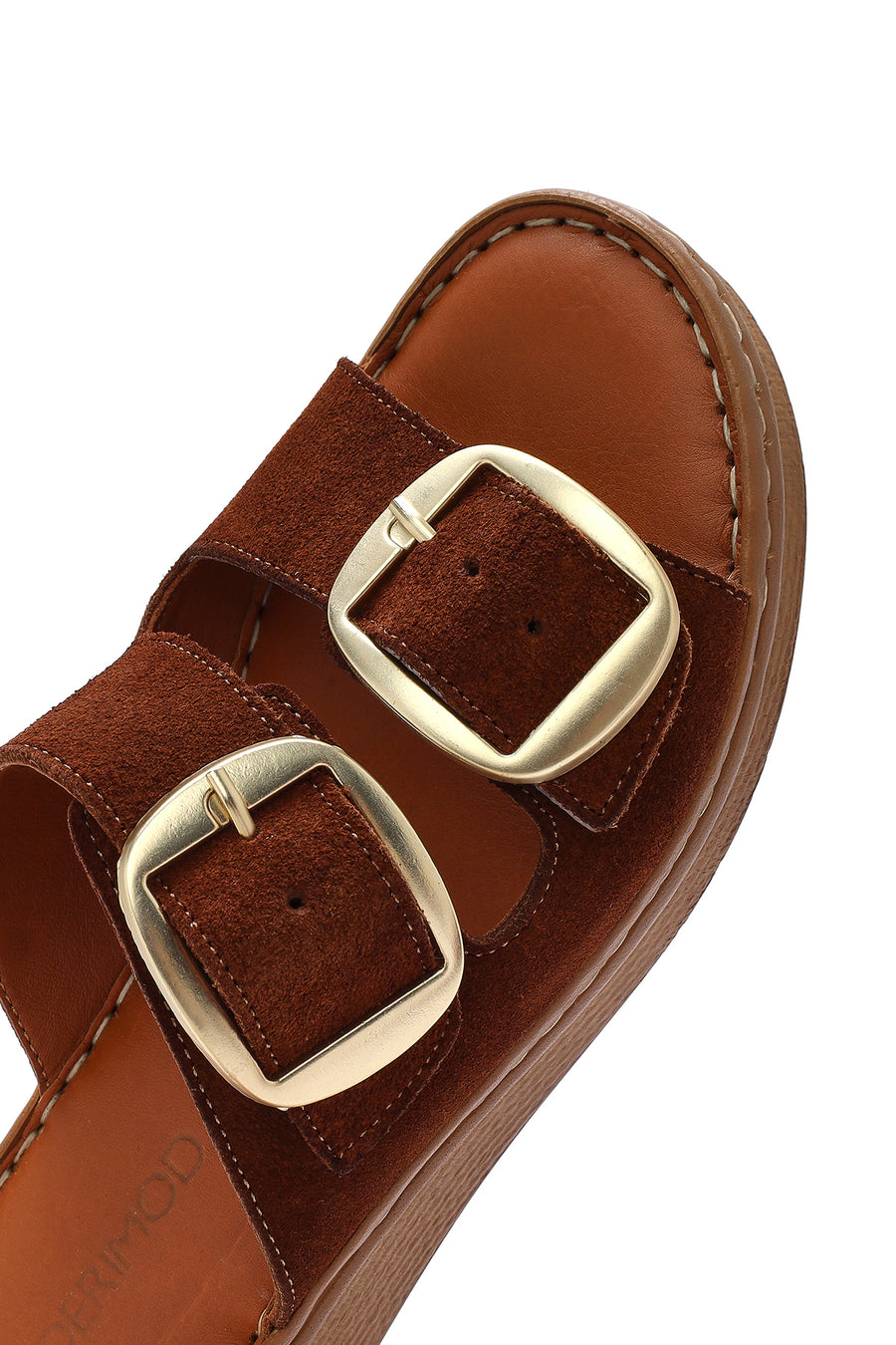 Woman Tan Buckled Suede Leather Comfort Slippers