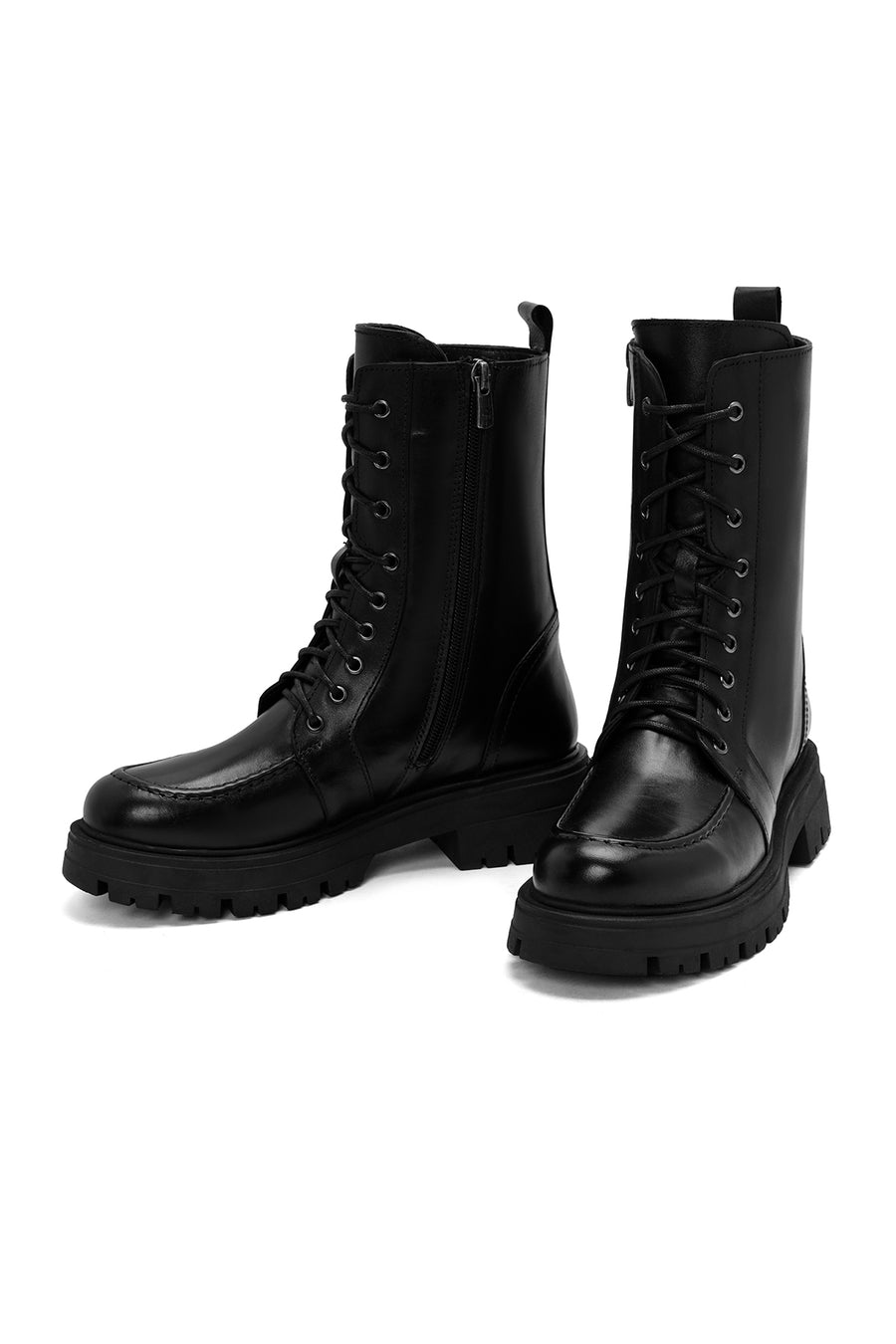 Women's Black Lace-Up Zipper Detailed Leather Combat Boots
