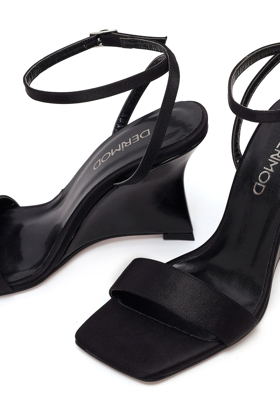 Women's Black Ankle Buckle High Platform Satin Sandals
