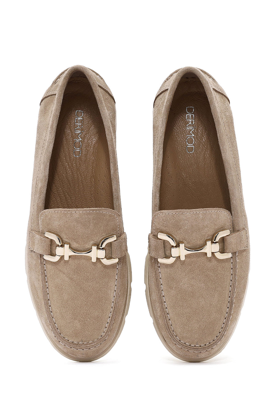 Women's Beige Buckle Detailed Suede Leather Comfort Loafer