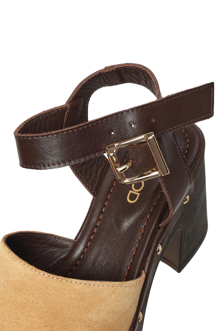 Woman Beige Ankle-Strap Buckled Thick-Heeled Suede Leather Sandals
