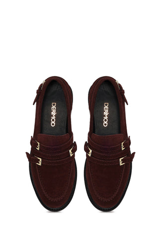 Kadın Bordo Tokalı Süet Deri Maskülen Loafer